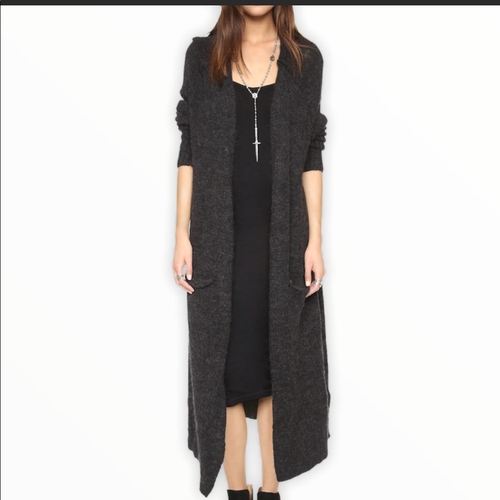 Free People Santa Cruz Gray Fuzzy Alpaca Wool Blend Maxi Open Cardigan Sweater L